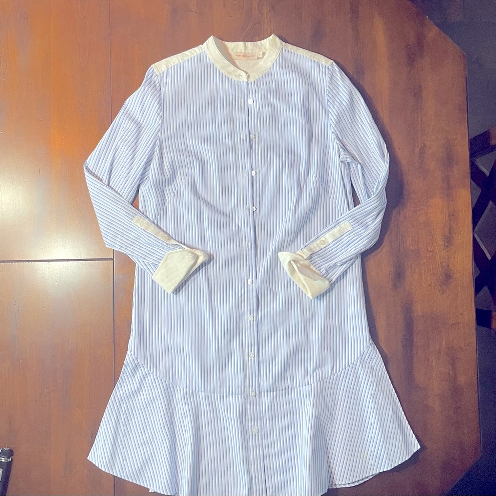 Tory Burch EUC Blue and White Striped Shirt Dress